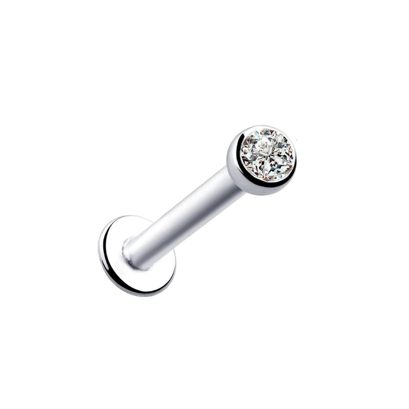 Piercing d'oreille labret avec strass en argent.