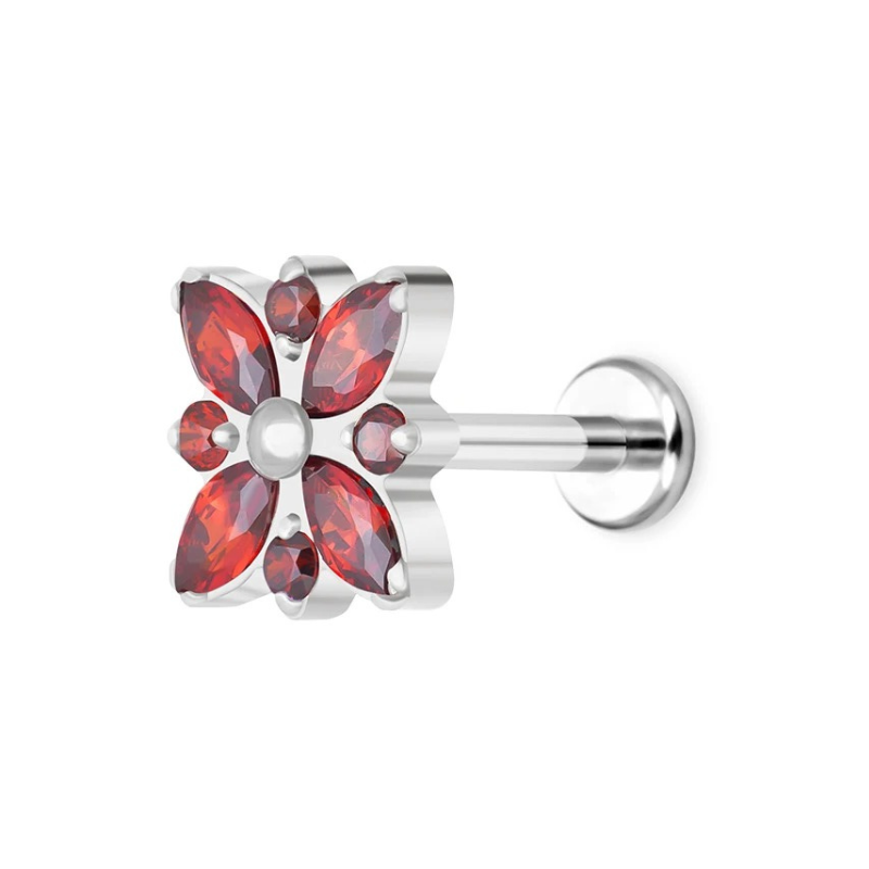 Piercing stud oreille, motif fleur gothique en titane avec éclat de zircons rouge