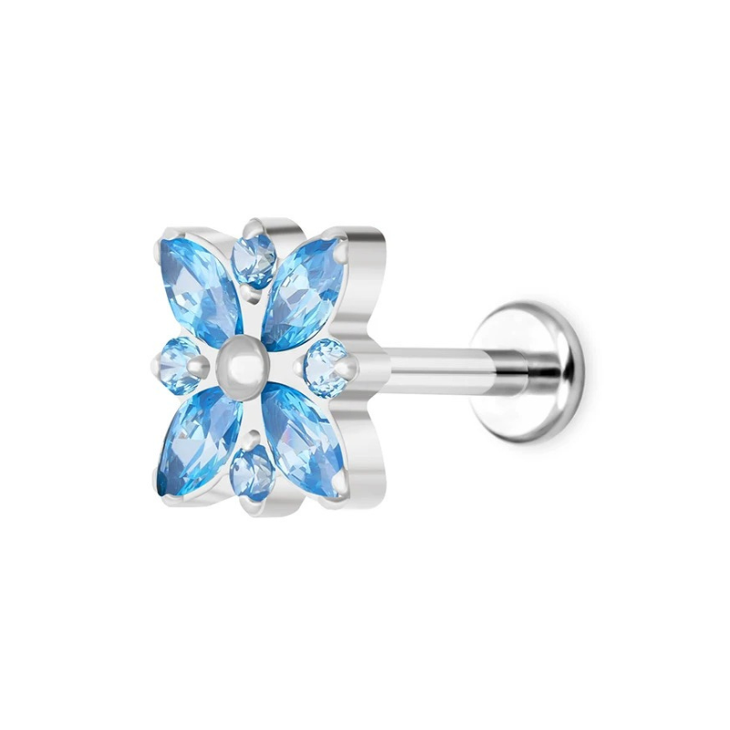 Piercing stud oreille, motif fleur gothique en titane avec éclat de zircons bleu