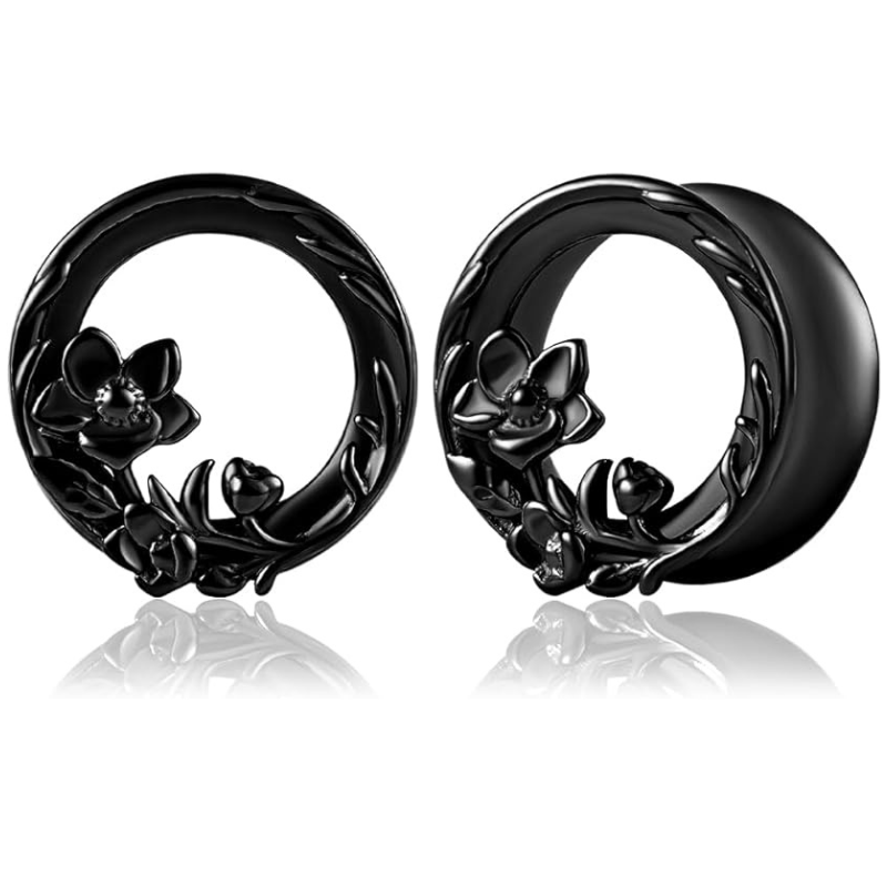 Accessoire d'oreille écarteur fleur en noir.