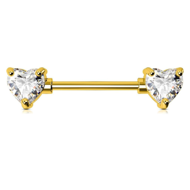 Piercing téton double cœurs en zircon or.