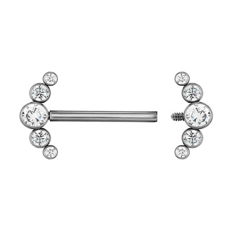 Bijou de téton titane et zircons, style brillant et affirmé, ses dimensions