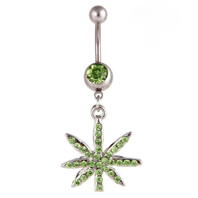 Piercing de nombril avec pendentif feuille de cannabis en cristal vert