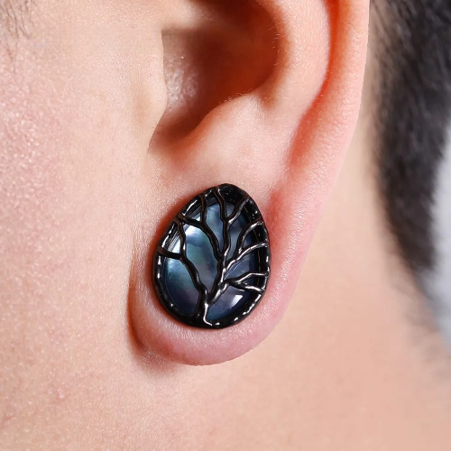 Accessoire d'oreille Arbre de Vie, métal argenté/noir avec pierre nacrée, style distinctif