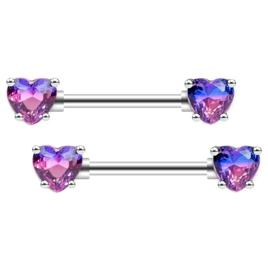 Piercing téton avec pierres cœur violettes en argent.