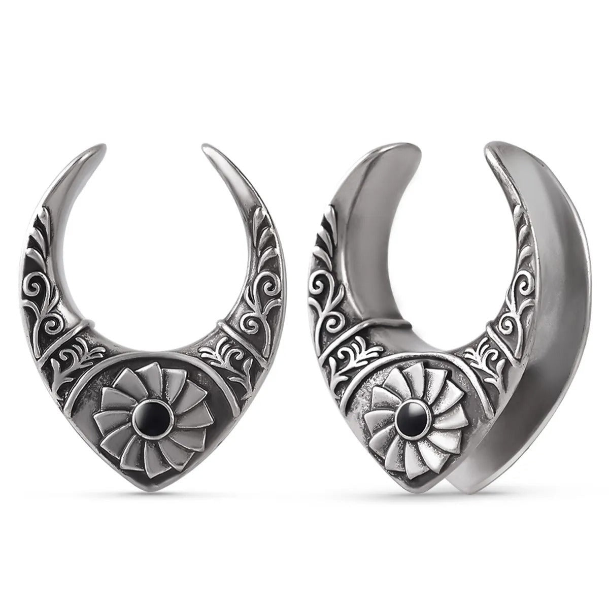 Plugs d'oreilles lune fleurie en argent.