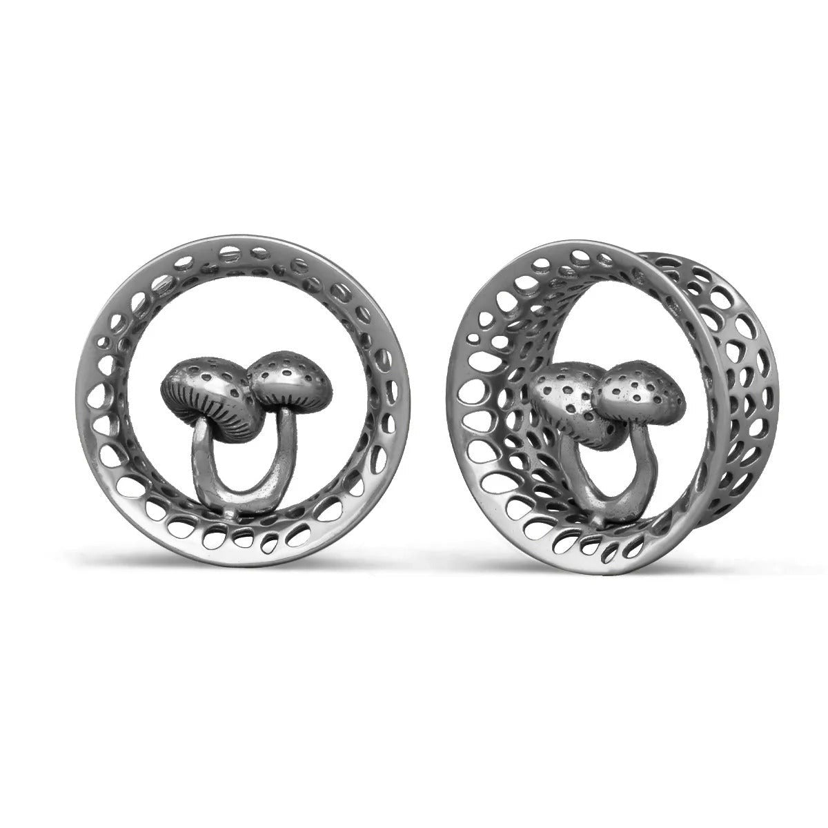 Plugs d'oreilles psychédéliques avec motif de champignons.