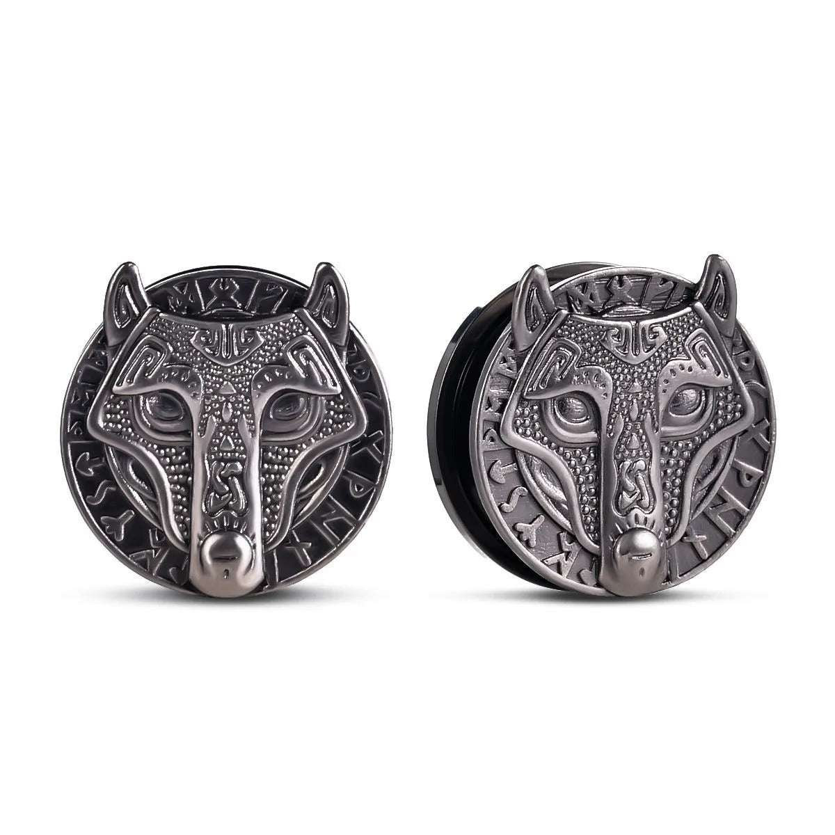 Plugs d'oreilles tête de loup nordique en argent.