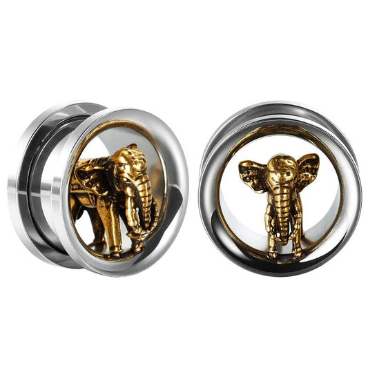 Tunnel oreille argenté avec un éléphant en bronze au design élégant