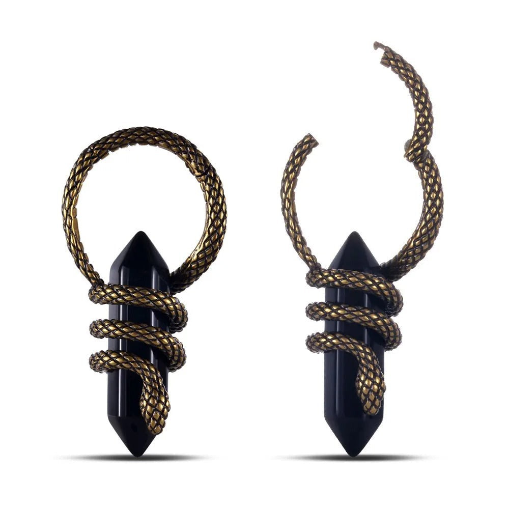 Hanger poids d'oreille Serpent Mystique en cuivre avec pierre noire.