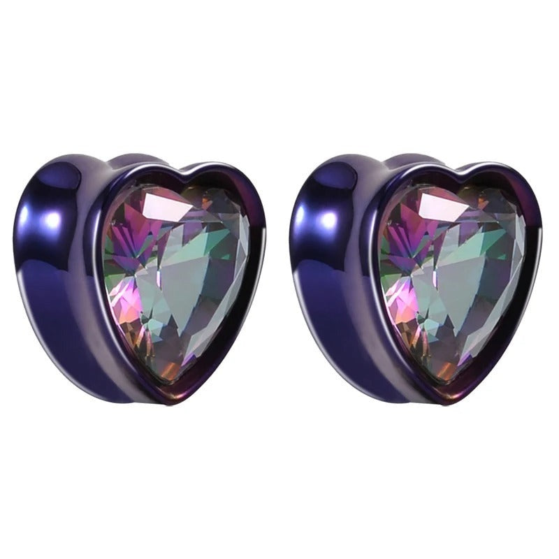 Écarteurs d'oreille avec pierre iridescente en violet.