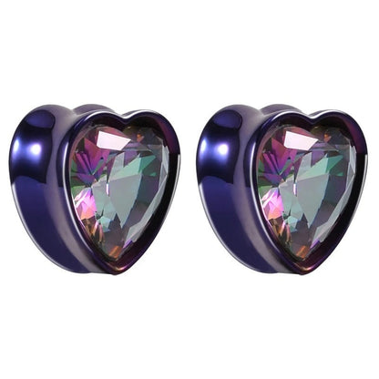 Écarteurs d'oreille avec pierre iridescente en violet.